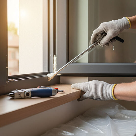 Firefly Gemini Flash Close up of hands installing an energy efficient window or sealing insulation warm n 647272
